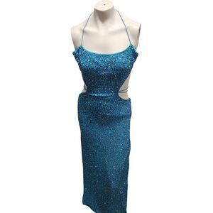 Panoply 3871 Size 6 Silk Beaded Formal Gown Halter Cutout Back Prom Dress Blue